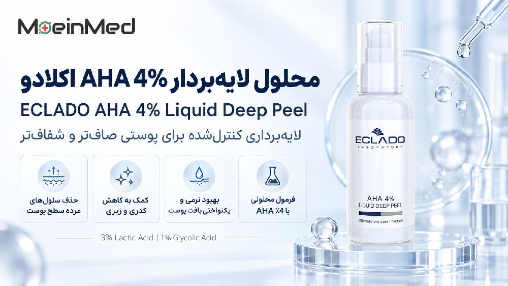 محلول لایه‌بردار AHA 4% اکلادو برای حذف سلول‌های مرده، کاهش کدری و زبری و کمک به صاف‌تر و یکنواخت‌تر شدن بافت پوست.